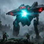Illustration cinématographique de War Machine 2026 : robot extraterrestre géant face à une escouade de Rangers