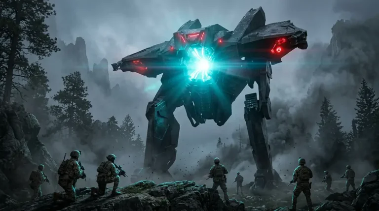 Illustration cinématographique de War Machine 2026 : robot extraterrestre géant face à une escouade de Rangers
