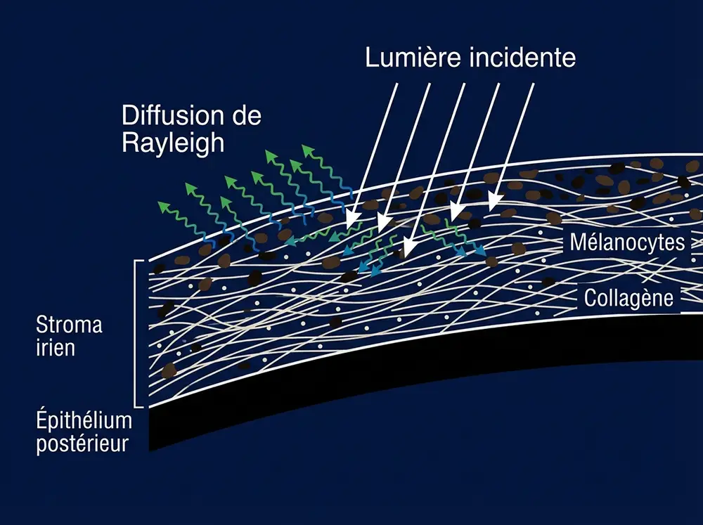 Schéma scientifique illustrant la diffusion de Rayleigh dans le stroma irien des yeux hazel, créant des reflets verts