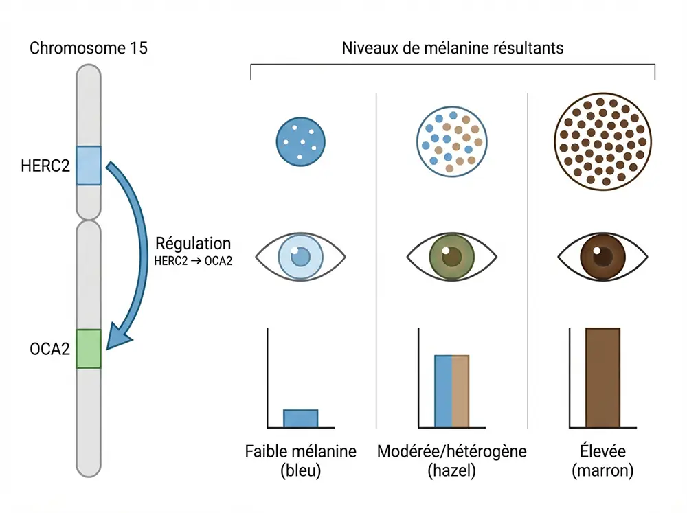 Diagramme génétique montrant l'interaction entre les gènes OCA2 et HERC2 sur le chromosome 15, déterminant la couleur hazel