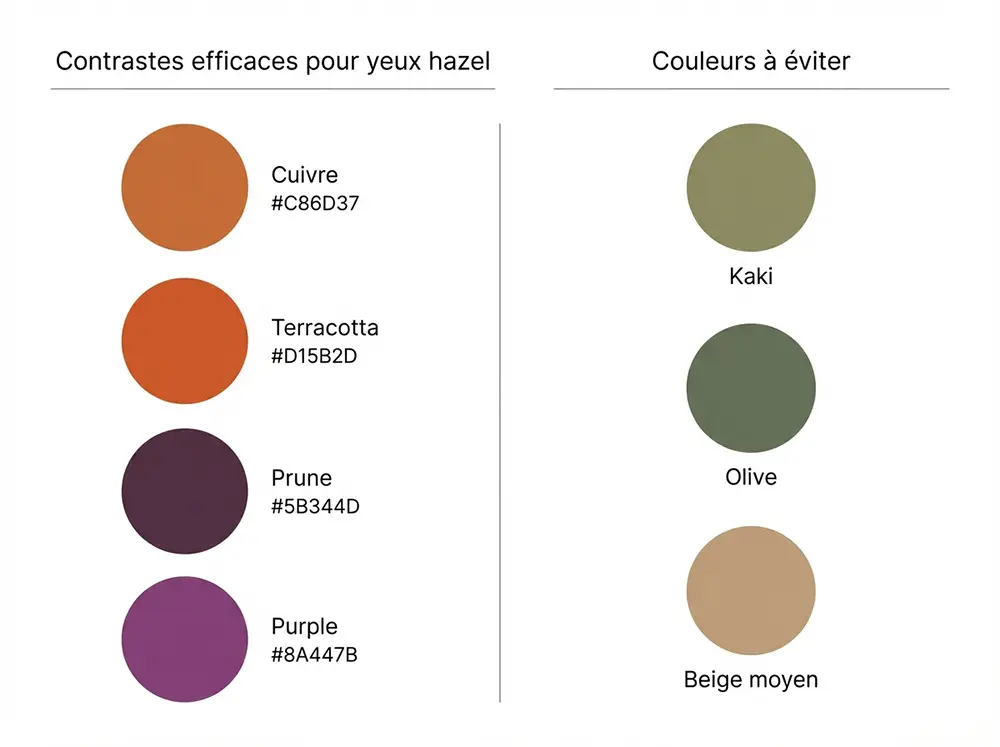 Infographie présentant les palettes de couleurs recommandées et déconseillées pour mettre en valeur les yeux hazel
