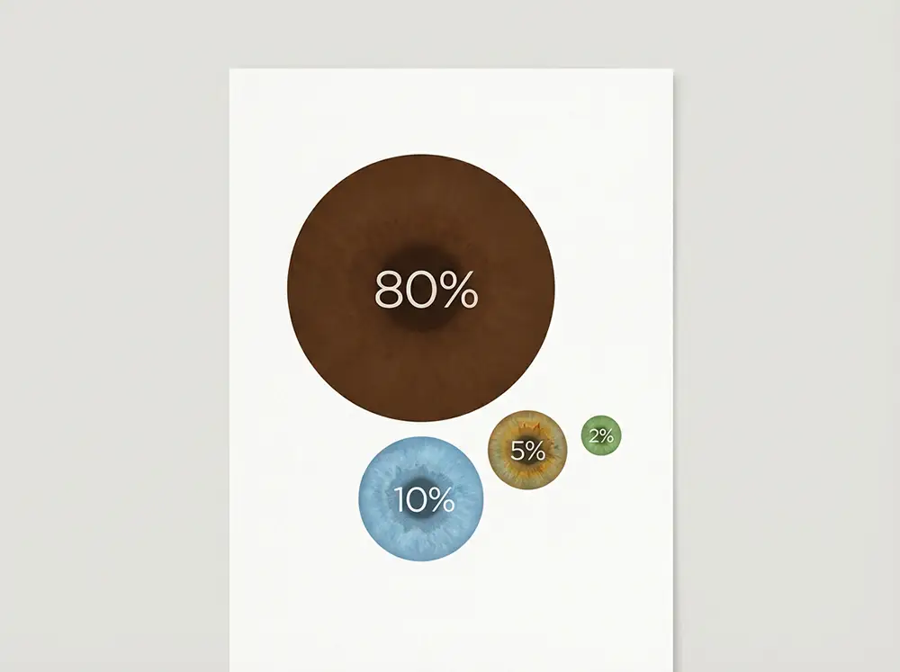 Infographie montrant la répartition des couleurs d'yeux dans la population mondiale, avec les yeux hazel représentant environ 5 %