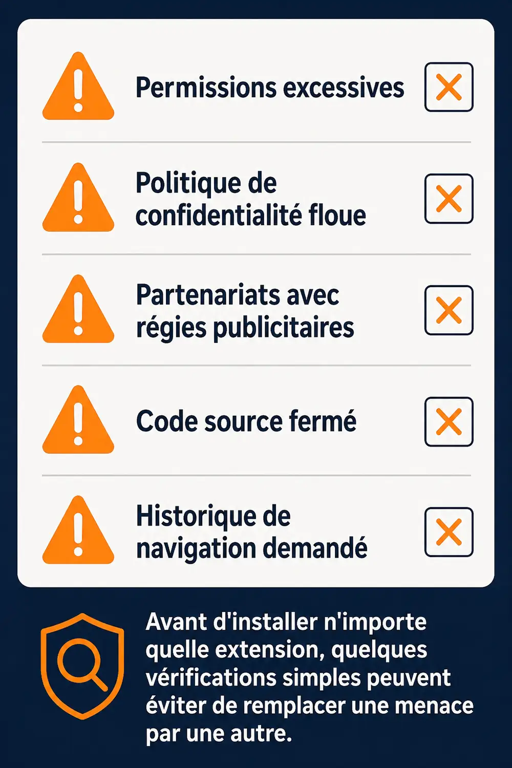 Signaux d'alerte pour identifier un adblocker dangereux pour vos données Checklist des signaux d'alerte à repérer avant d'installer un adblocker pour protéger ses données personnelles