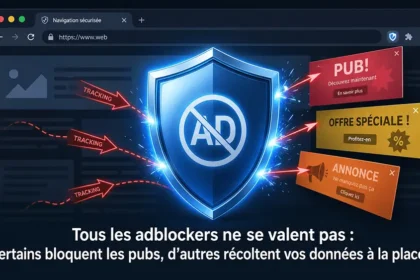 Illustration d'un bouclier numérique bloquant des publicités et des traceurs sur un navigateur web