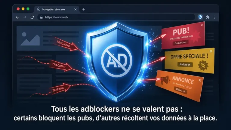 Illustration d'un bouclier numérique bloquant des publicités et des traceurs sur un navigateur web