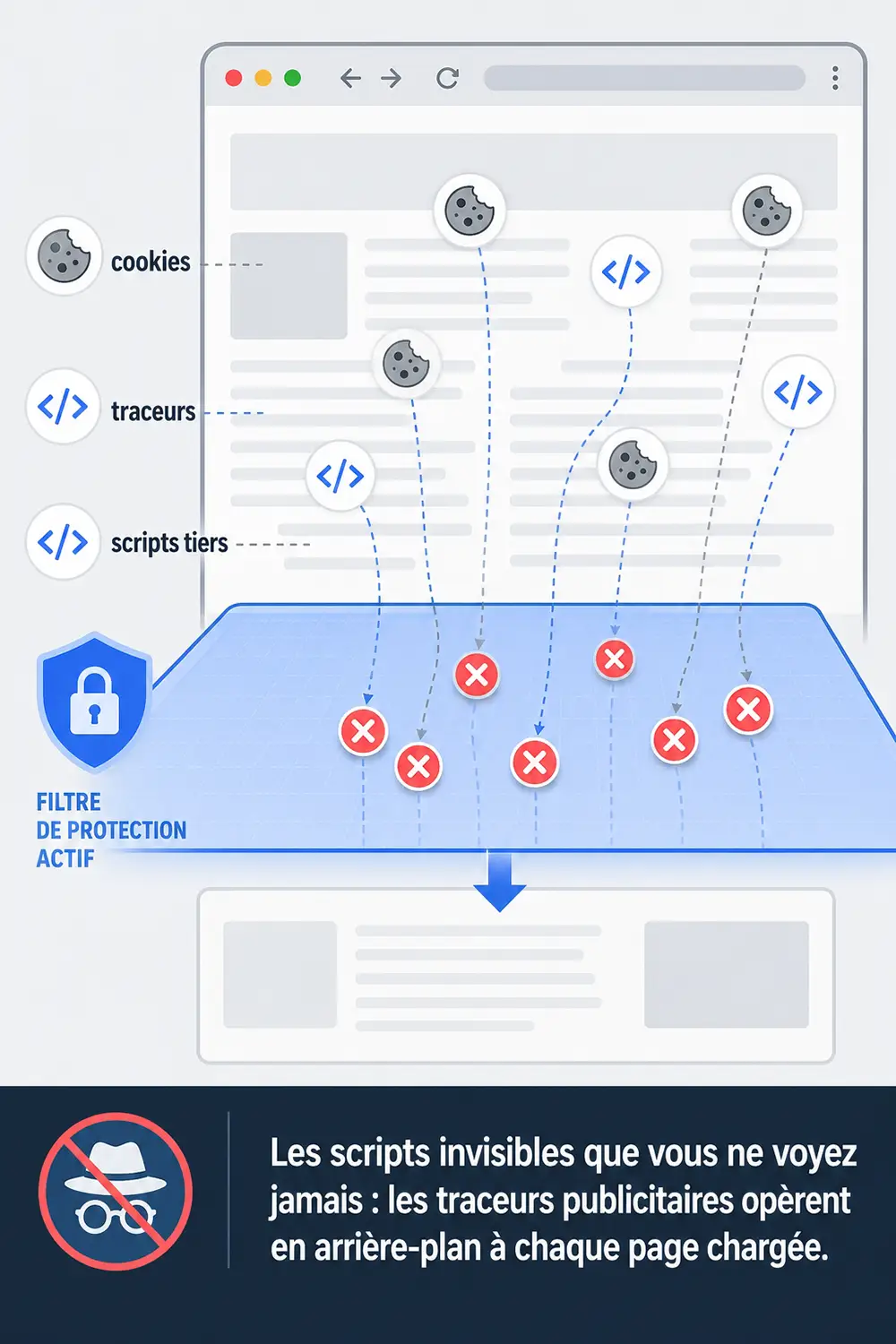 Traceurs et cookies bloqués par un adblocker lors de la navigation Schéma montrant des cookies et scripts tiers bloqués par un adblocker lors d'une session de navigation