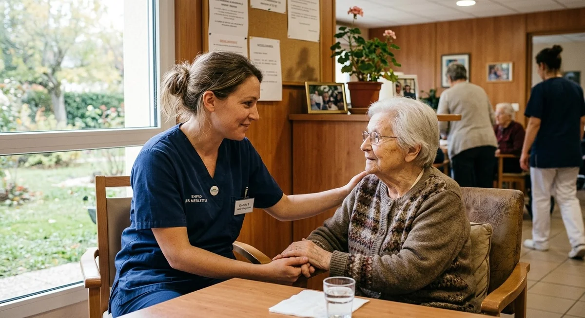 Les métiers du soin résistent à l'IA grâce à la relation humaine Aide-soignante accompagnant une personne âgée dans un EHPAD français, relation de confiance