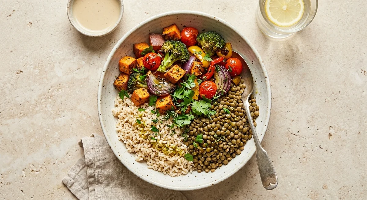 Association céréales et légumineuses pour un profil complet en acides aminés Bol de riz complet et lentilles, association céréales légumineuses pour acides aminés complets