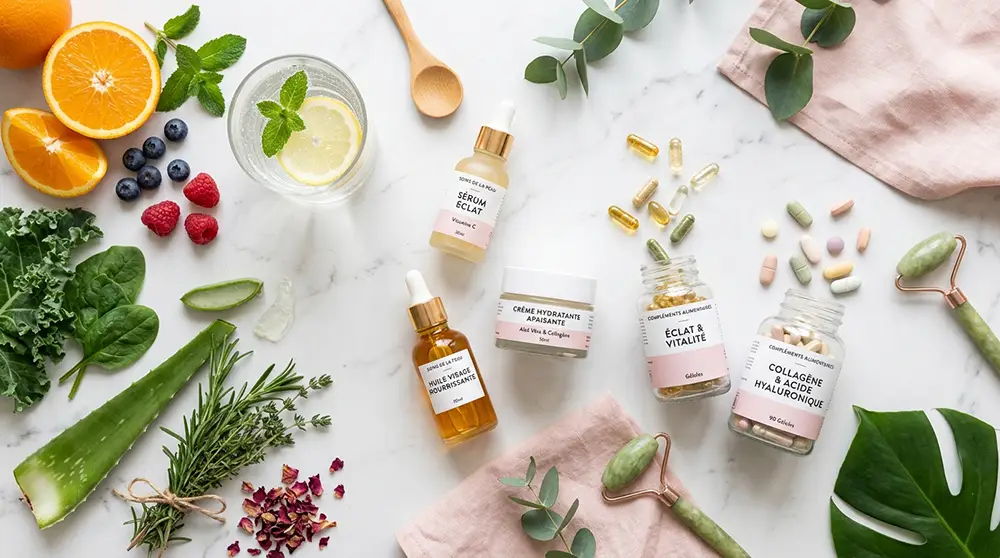 Vue de dessus sur marbre blanc montrant des sérums, crèmes, gélules de compléments alimentaires, oranges, baies et légumes verts pour une approche beauté holistique