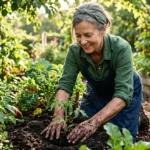 Femme jardinant dans un potager verdoyant, mains dans la terre, lumière naturelle