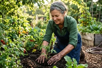 Femme jardinant dans un potager verdoyant, mains dans la terre, lumière naturelle