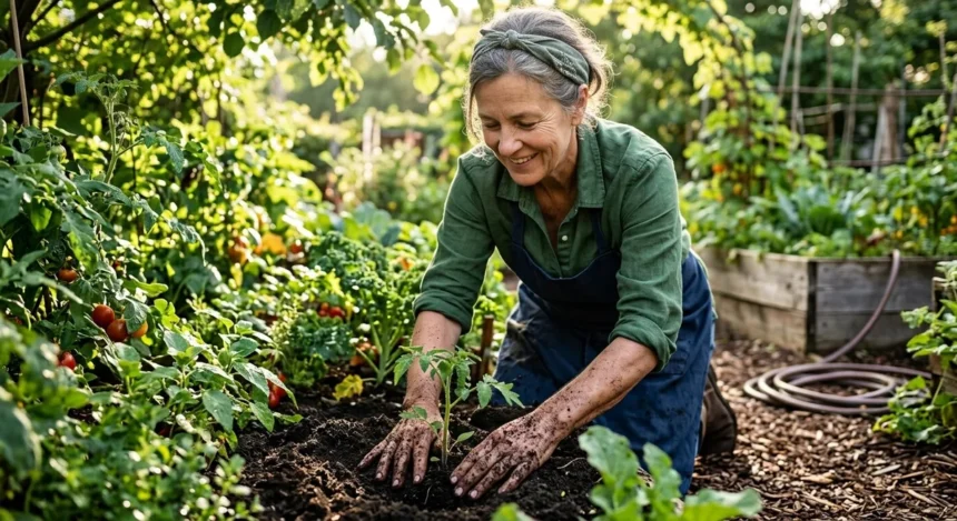 Femme jardinant dans un potager verdoyant, mains dans la terre, lumière naturelle