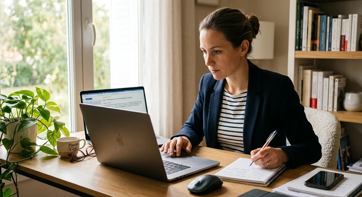 Bonnes pratiques utilisation IA rédaction documents professionnels Professionnel relisant et validant un document généré par l'IA avant envoi