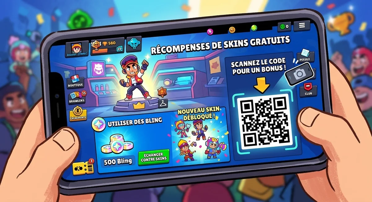 Obtenir des skins gratuits Brawl Stars avec Bling et codes QR Joueur Brawl Stars récupérant des skins gratuits via Bling et codes QR Supercell