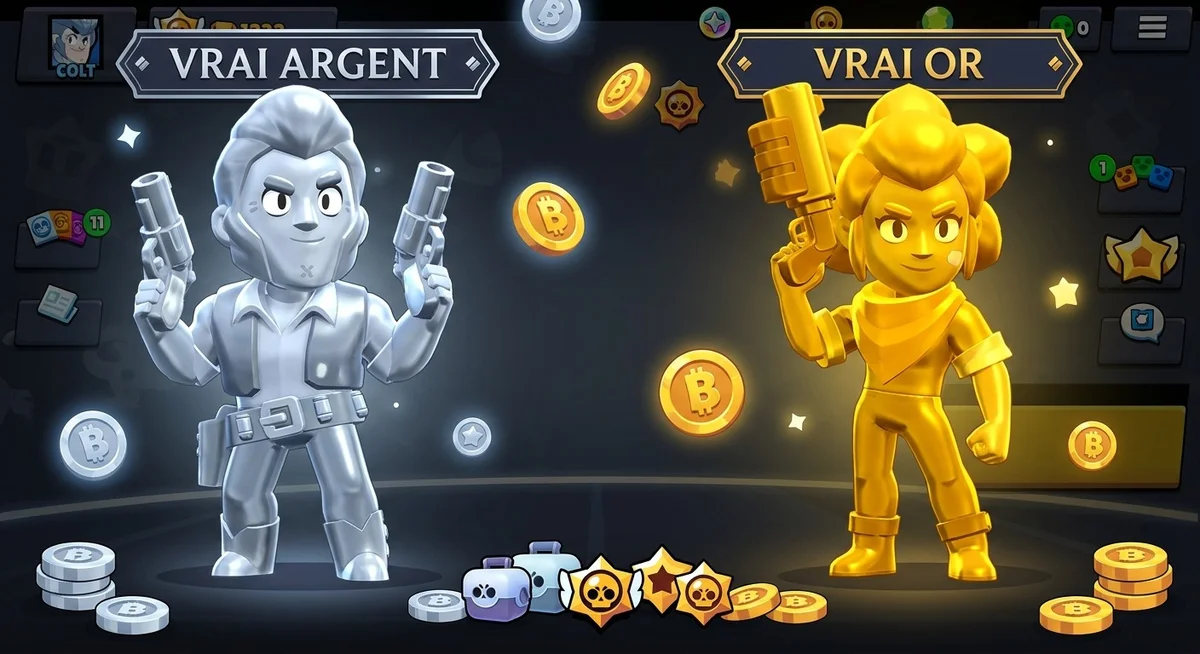 Skins True Gold et True Silver Brawl Stars obtenus avec des pièces Brawler Brawl Stars en skin True Gold doré et True Silver argenté côte à côte