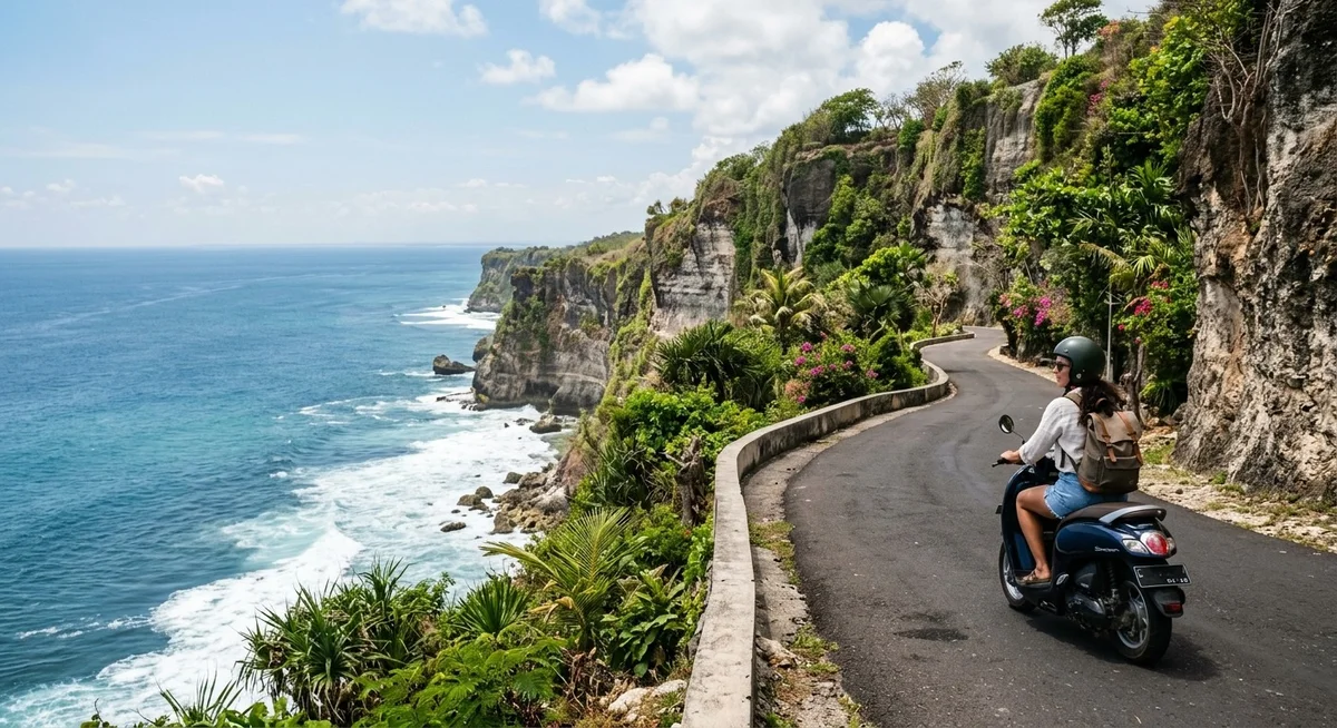 Canggu, Ubud, Uluwatu – zones de location de scooter à Bali Scooter sur une route côtière à Uluwatu avec falaises et océan Indien