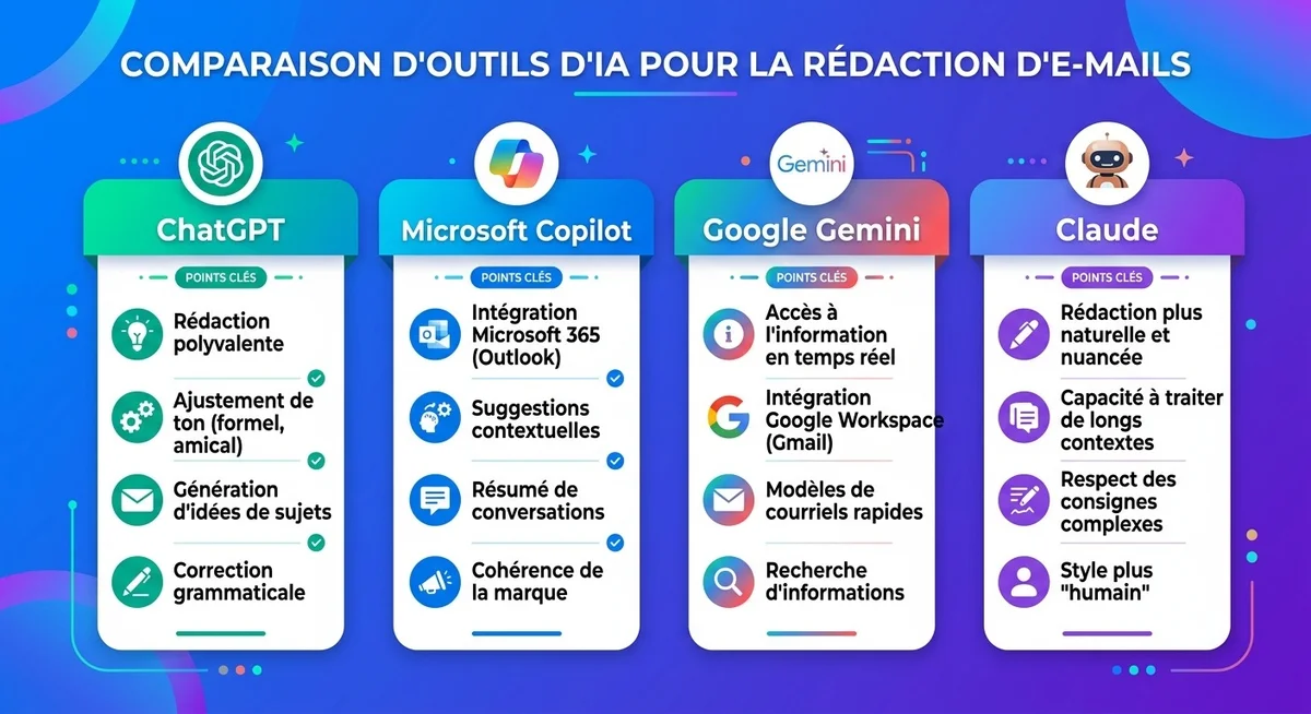 Comparatif outils IA rédaction email ChatGPT Copilot Gemini Claude 2026 Comparaison visuelle des outils IA pour rédiger des emails : ChatGPT, Copilot, Gemini, Claude