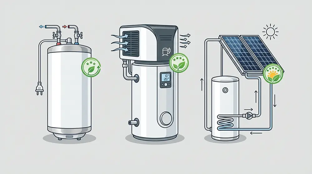 Illustration comparant trois types de chauffe-eau : électrique classique, thermodynamique et solaire individuel
