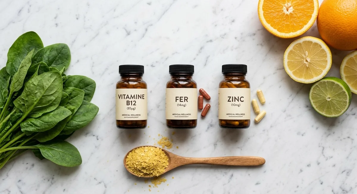 Vitamines B12, fer et zinc à surveiller pour éviter les carences en régime végétarien Compléments alimentaires vitamines B12, fer et zinc pour régime végétarien sans carences