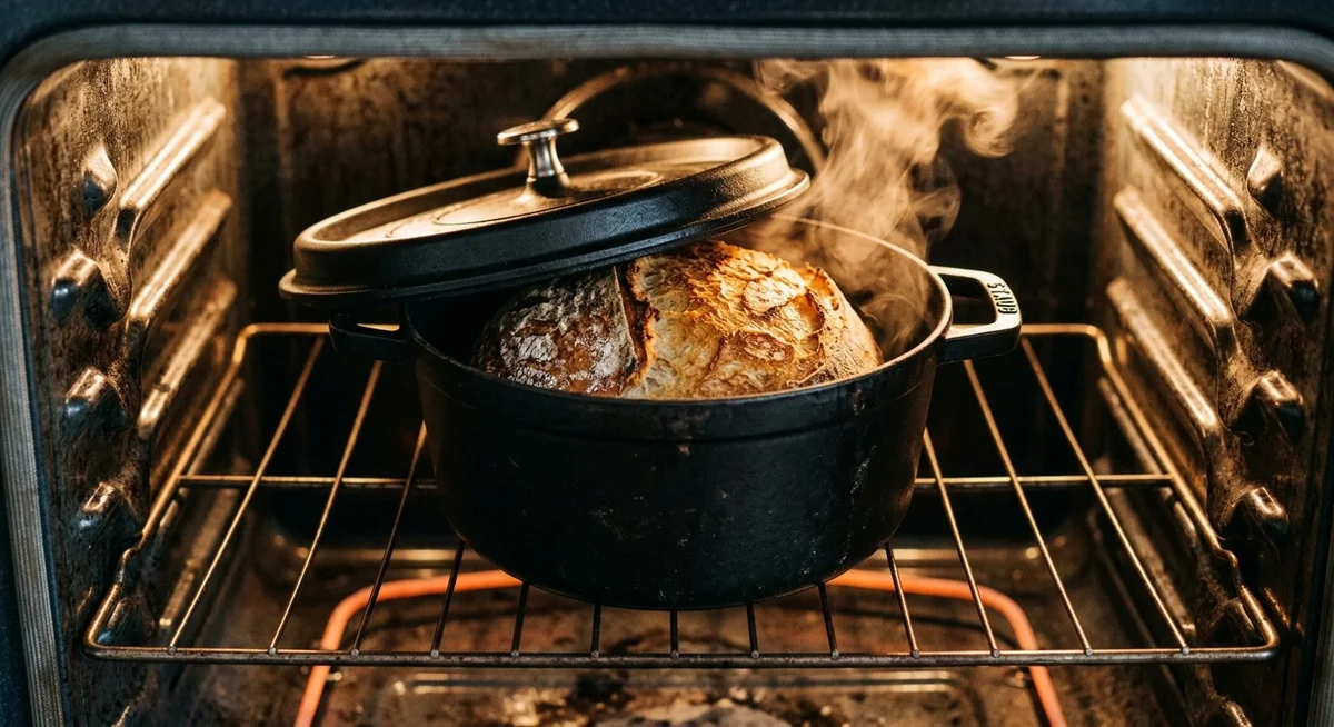 Cuisson du pain au levain maison en cocotte en fonte Pain au levain maison en train de cuire dans une cocotte en fonte au four avec couvercle