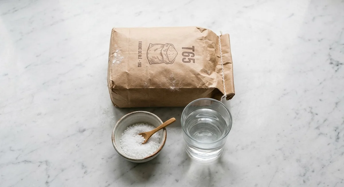 Farine T65 et ingrédients pour pain au levain maison Sac de farine T65 avec de l'eau et du sel posés sur un plan de travail pour préparer un pain au levain