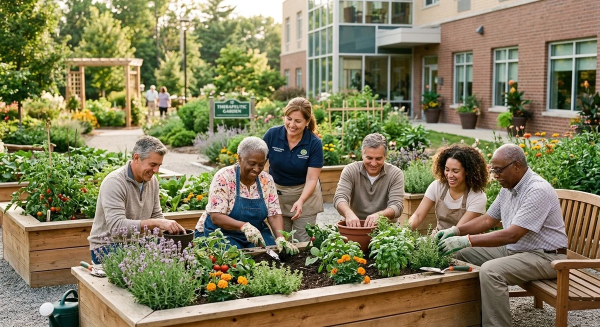 Hortithérapie jardin thérapeutique santé mentale Groupe de personnes participant à un atelier d'hortithérapie dans un jardin thérapeutique