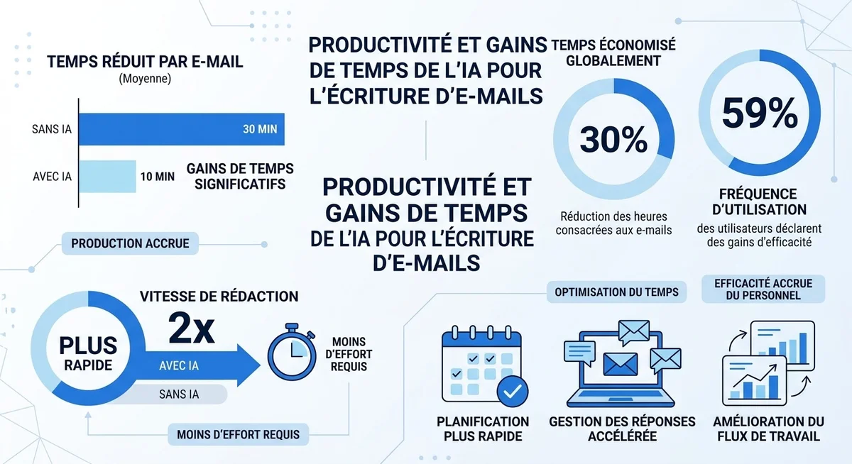 Statistiques productivité IA rédaction email professionnel 2026 Infographie montrant les gains de productivité liés à l'IA pour la rédaction d'emails