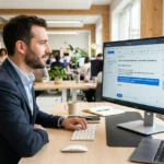 Professionnel utilisant l'IA pour rédiger ses emails sur ordinateur en open space