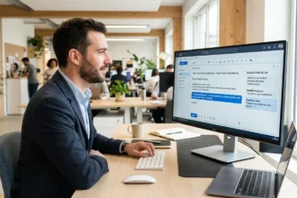 Professionnel utilisant l'IA pour rédiger ses emails sur ordinateur en open space