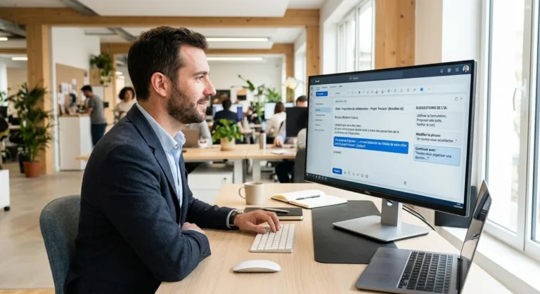 Professionnel utilisant l'IA pour rédiger ses emails sur ordinateur en open space