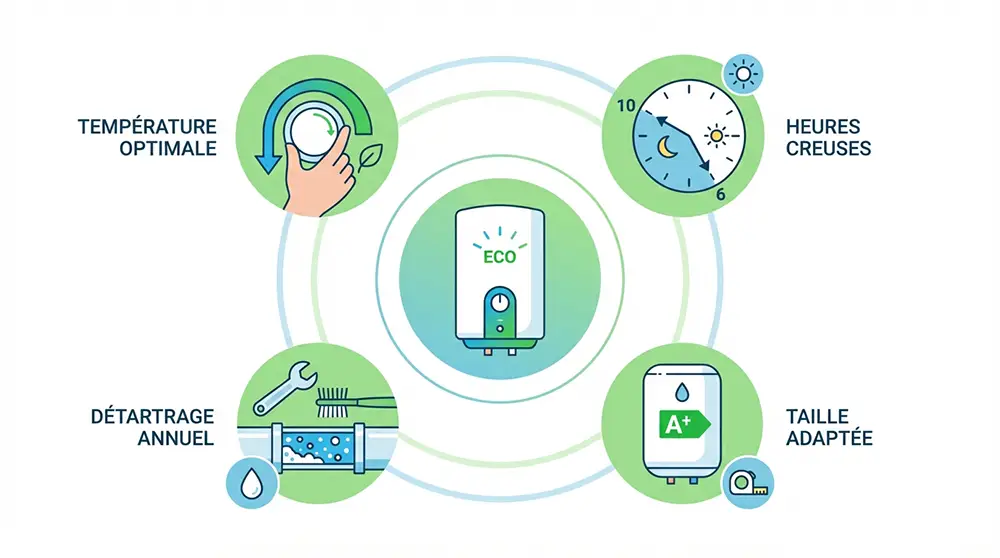 Infographie illustrant quatre gestes pour économiser de l'énergie avec un chauffe-eau : thermostat, heures creuses, détartrage, bon dimensionnement
