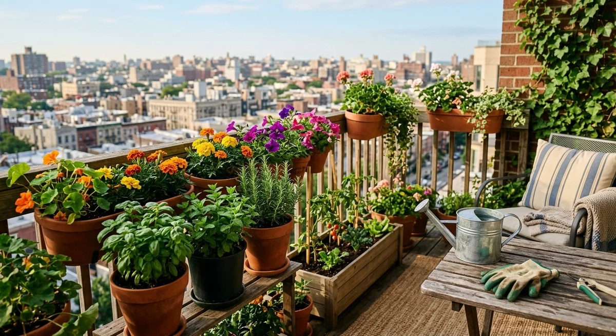Jardinage quotidien bien-être mental balcon et potager Balcon urbain avec plantes aromatiques, jardinières fleuries et outils de jardinage