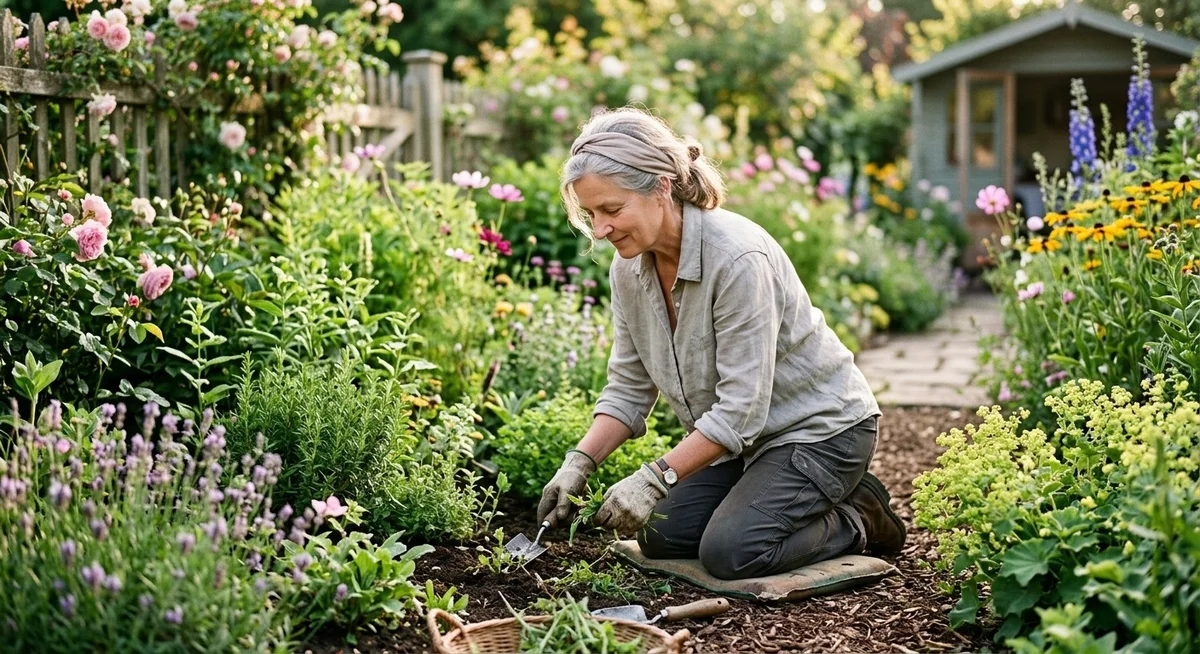 Jardinage réduction du stress et du cortisol Personne calme en train de désherber un jardin, attitude détendue et sereine