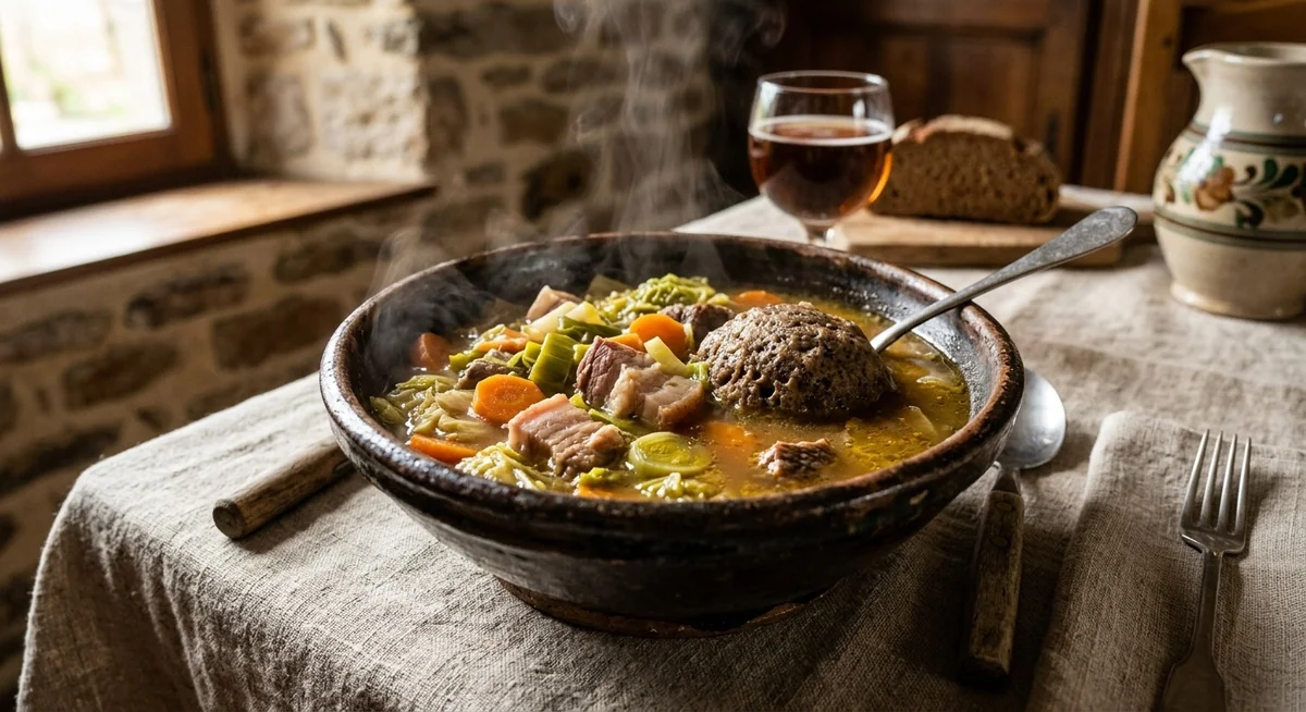Kig ha farz, spécialité culinaire méconnue de Bretagne Bol de kig ha farz breton avec viande, légumes et far de blé noir en bouillon