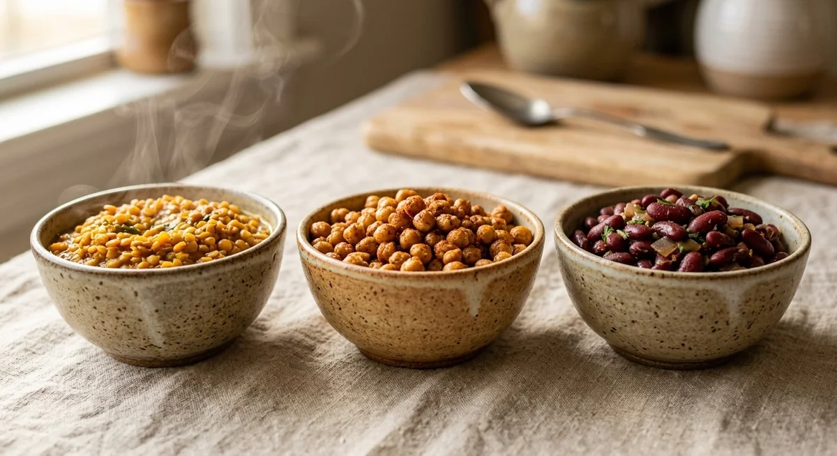 Légumineuses riches en protéines végétales : lentilles, pois chiches, haricots Bol de lentilles, pois chiches et haricots rouges – meilleures sources de protéines végétales