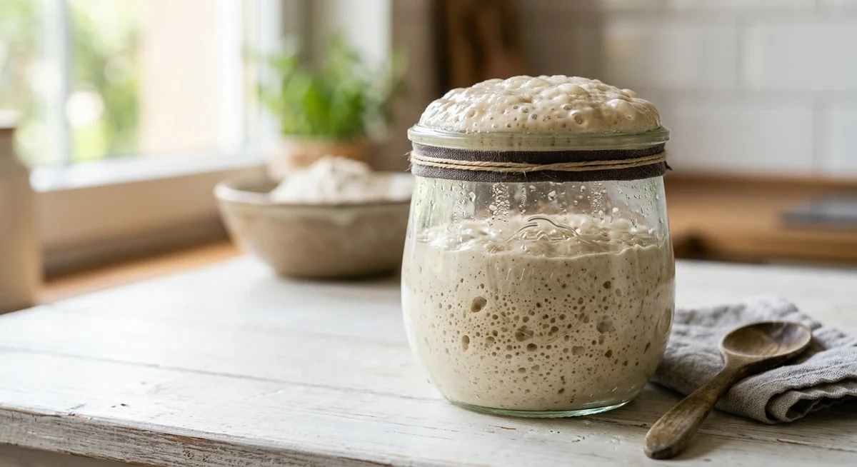 Levain naturel actif avec bulles dans un bocal en verre Bocal en verre contenant un levain naturel actif avec des bulles de fermentation visibles