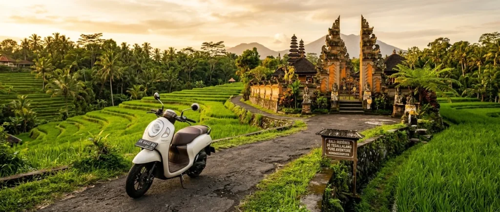 Scooter garé devant un temple balinais avec rizières en arrière-plan