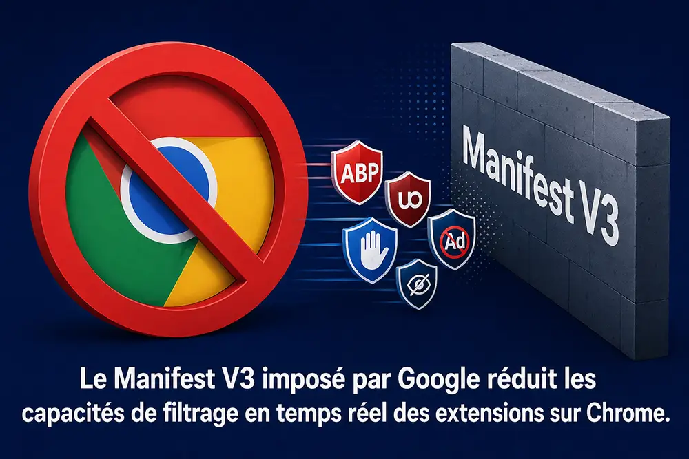 Impact du Manifest V3 de Google Chrome sur les adblockers en 2025-2026 Illustration de l'impact du Manifest V3 de Chrome sur les capacités de blocage des adblockers