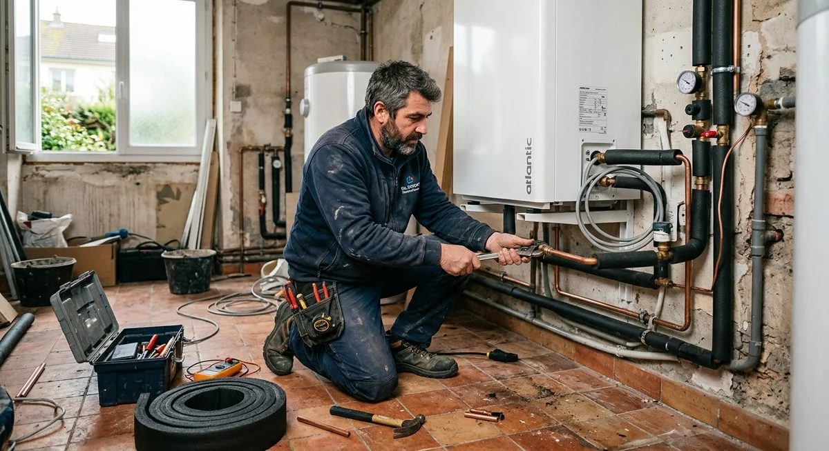 Pénurie de plombiers et électriciens en France malgré l'IA Plombier-chauffagiste installant une pompe à chaleur dans une maison française en rénovation énergétique