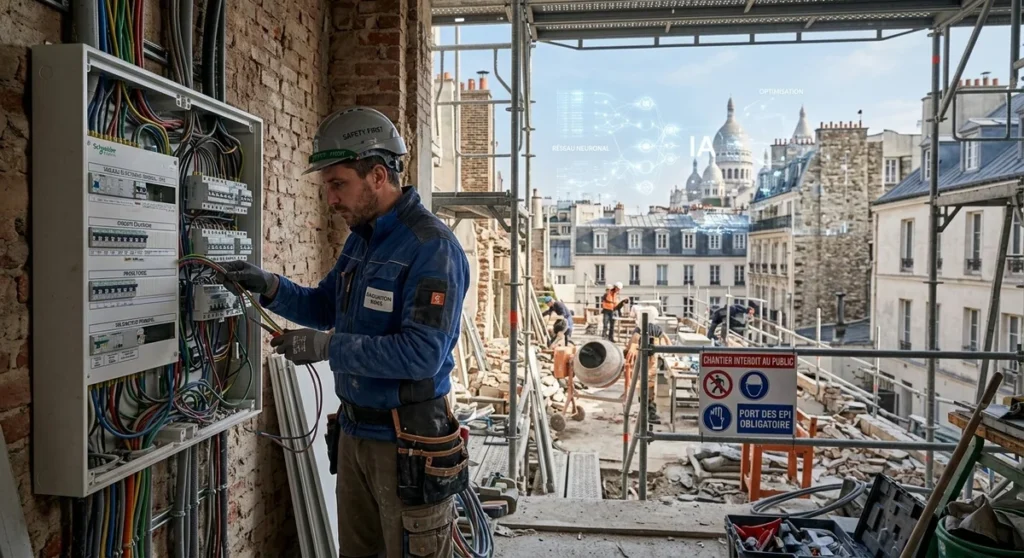 Électricien sur un chantier parisien à côté d'une représentation visuelle d'algorithmes IA