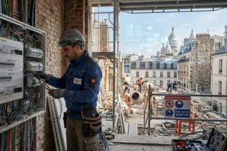 Électricien sur un chantier parisien à côté d'une représentation visuelle d'algorithmes IA