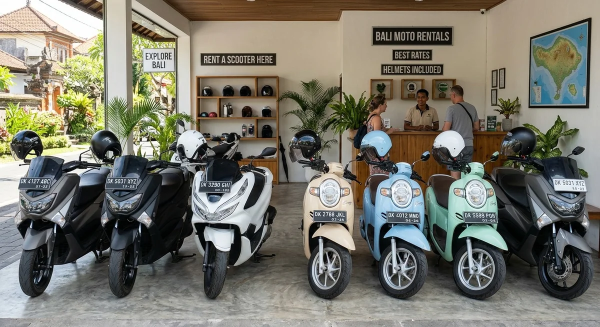 Modèles de scooters à louer à Bali – Scoopy, NMAX, Vario, PCX Rangée de scooters Honda et Yamaha disponibles à la location à Bali