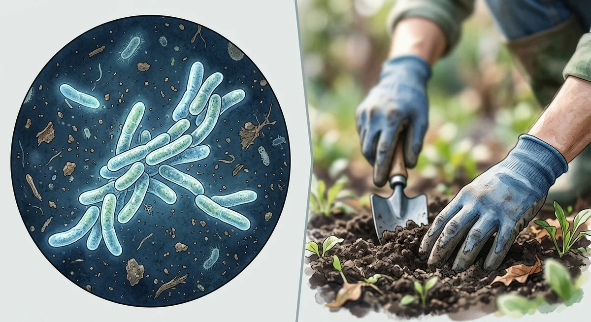 Mycobacterium vaccae bactérie du sol et jardinage Illustration scientifique d'une bactérie du sol Mycobacterium vaccae avec jardinier en arrière-plan