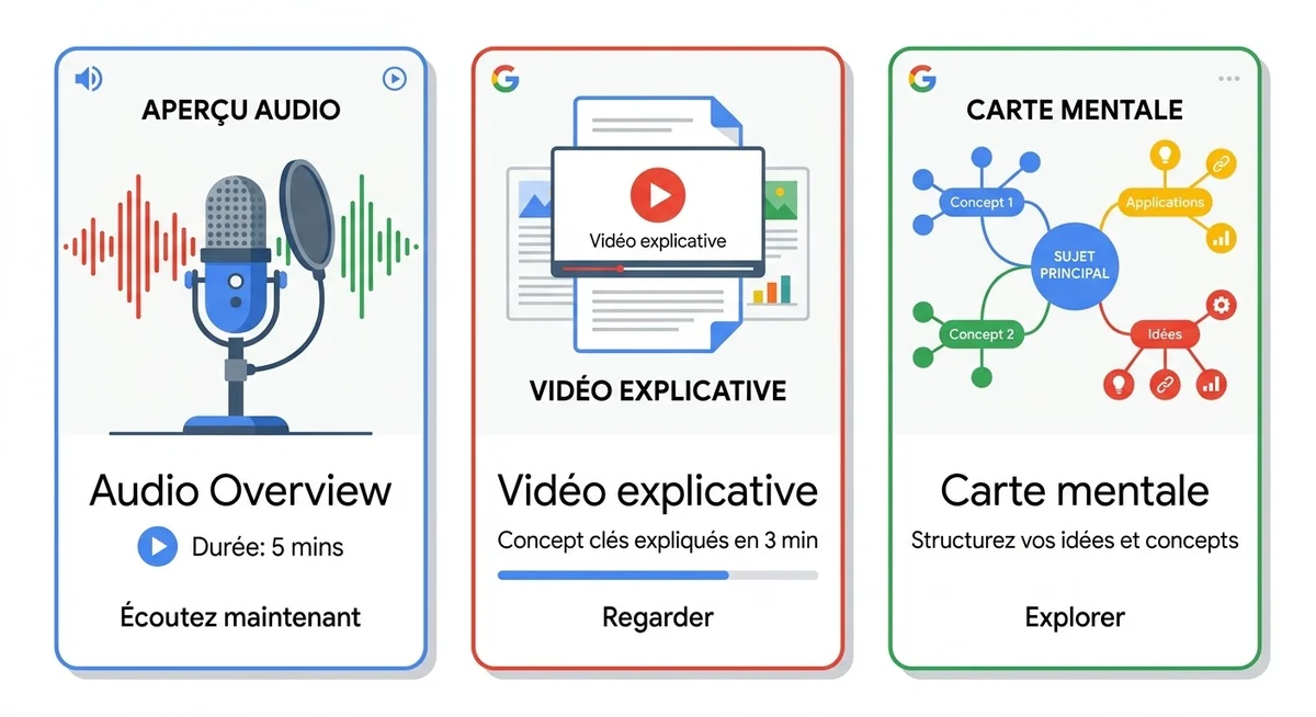 NotebookLM – Audio Overviews, Video Overviews et Mind Maps Fonctionnalités NotebookLM : podcast audio, vidéo explicative et carte mentale interactive générés par IA