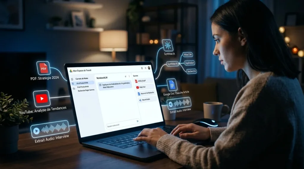 Interface NotebookLM Google 2026 avec documents PDF et podcast audio générés par IA