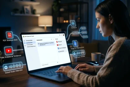 Interface NotebookLM Google 2026 avec documents PDF et podcast audio générés par IA