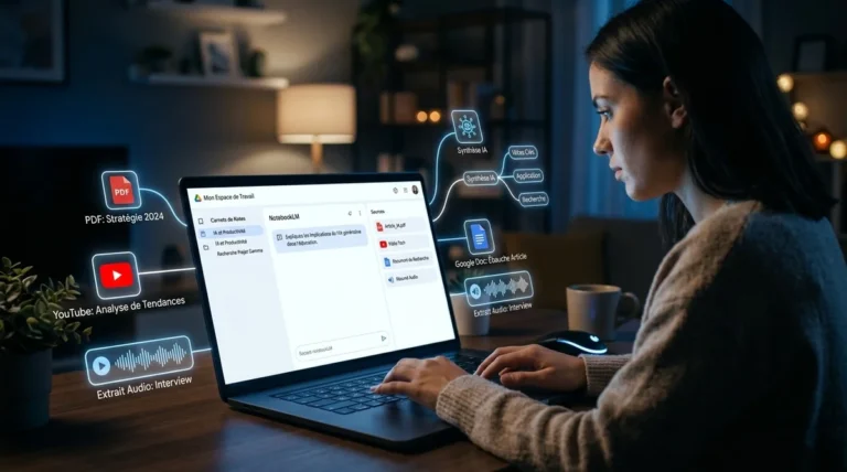 Interface NotebookLM Google 2026 avec documents PDF et podcast audio générés par IA