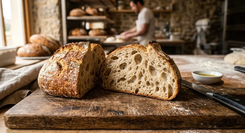 Pain au levain maison coupé en deux montrant une mie alvéolée et une croûte dorée