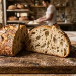 Pain au levain maison coupé en deux montrant une mie alvéolée et une croûte dorée