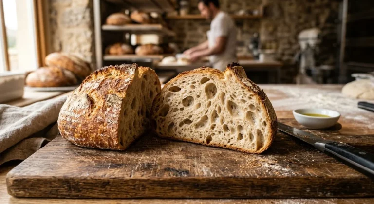 Pain au levain maison coupé en deux montrant une mie alvéolée et une croûte dorée